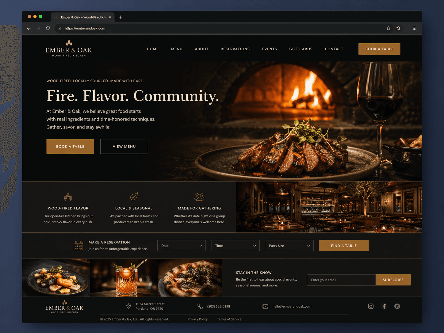 Ember and Oak restaurant website preview