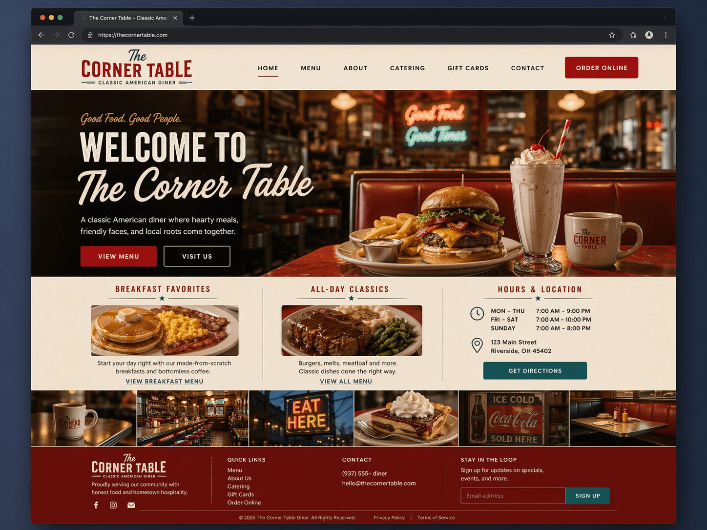 The Corner Table classic diner website preview